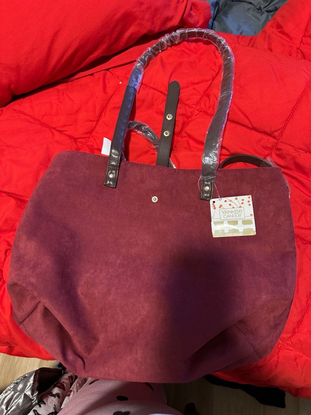 Yankee Candle Burgundy Suede Tote with Dark Brown Handles